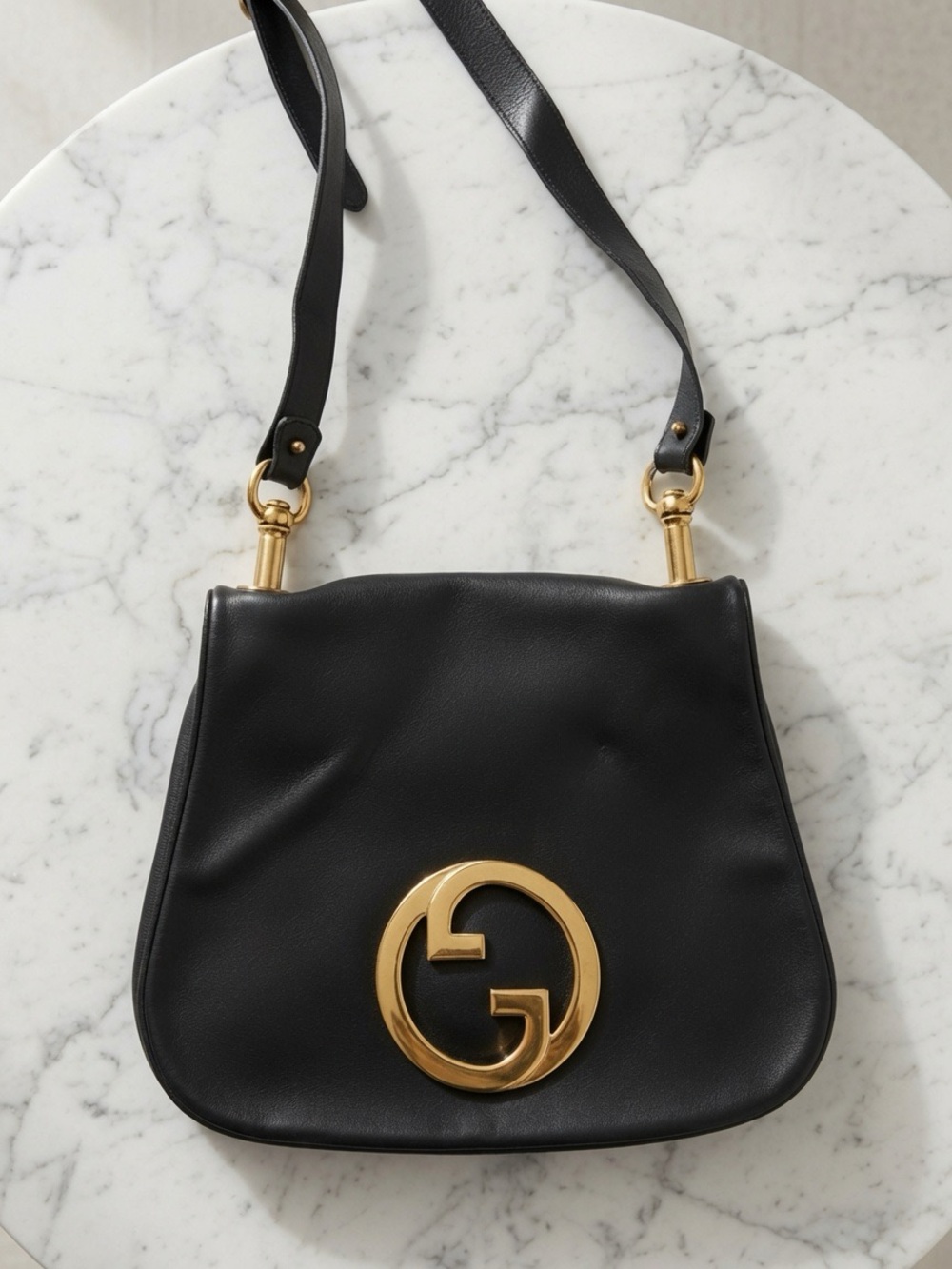 Vintage Gucci Black Leather Shoulder Bag with Gold GG Hardware